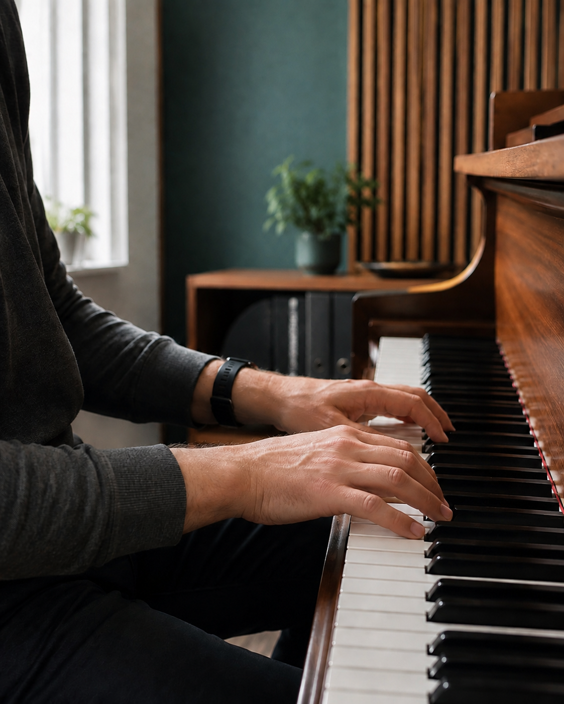 A music teacher’s hands playing an upright piano