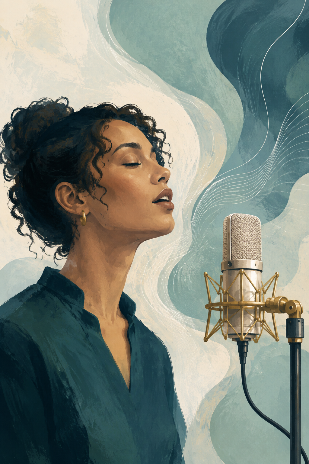 Illustration of a singer performing into a studio microphone