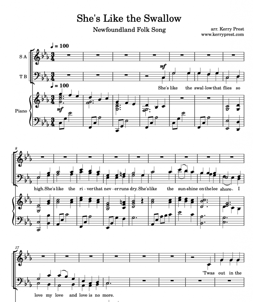 Cover preview for She's Like the Swallow SATB sheet music
